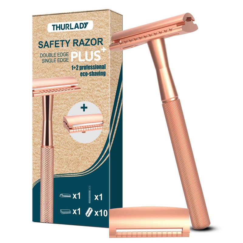 THURLADY Safety Razor for Women, Reusable Metal Razor, with 10 Double Edge Blades, Smooth Close Gentle Shave, Plastic Free, Rose Gold - Image 1